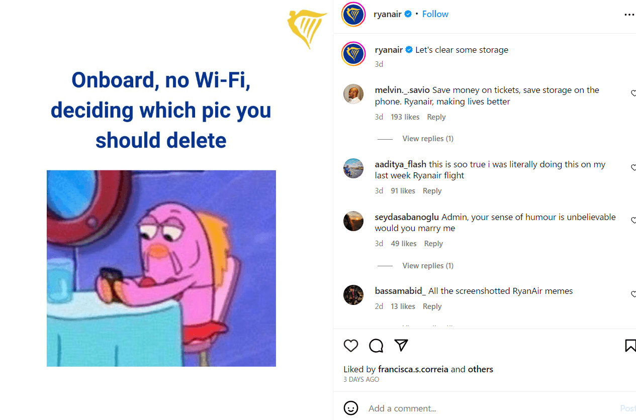 Ryanair's meme via Instagram