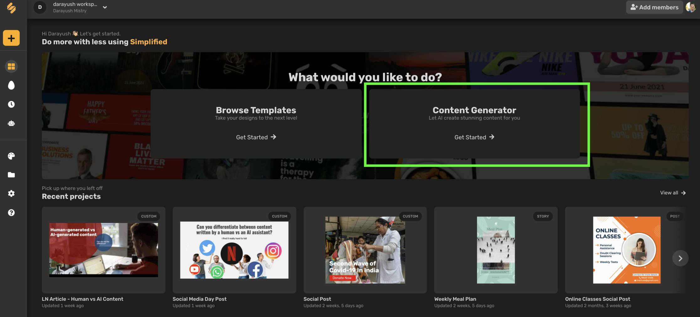 Simplified dashboard choose ai content generator