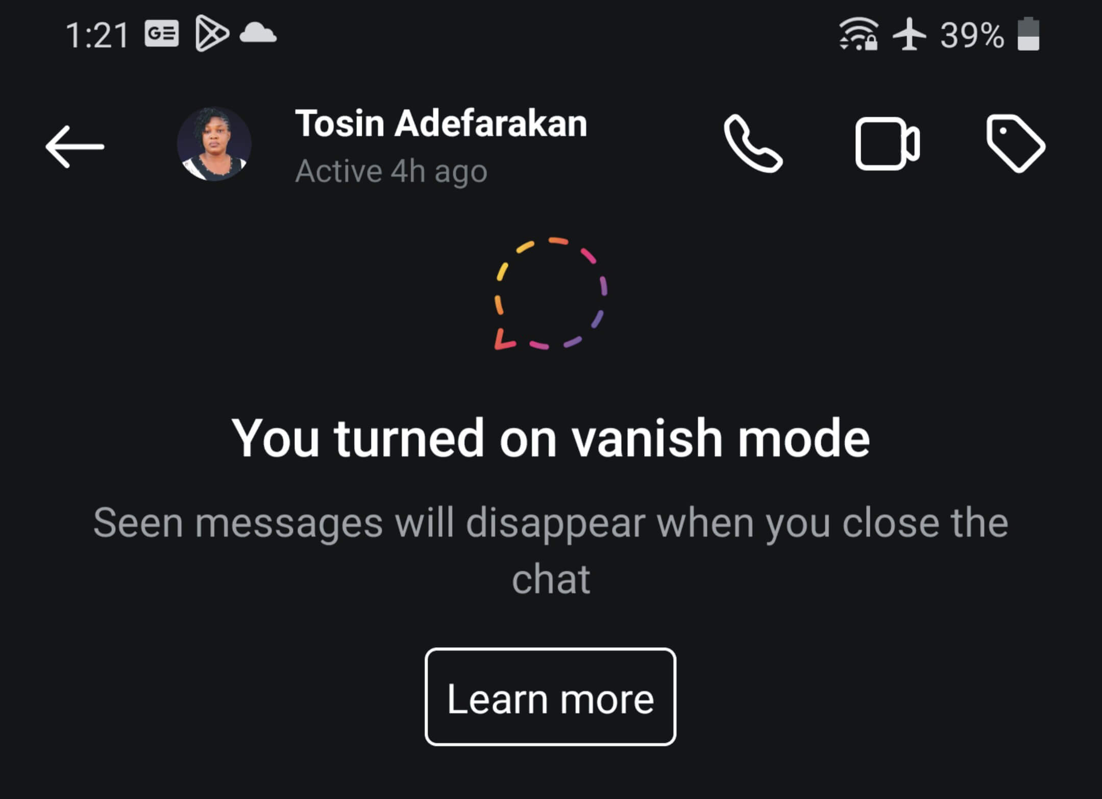 Vanish Mode on Instagram