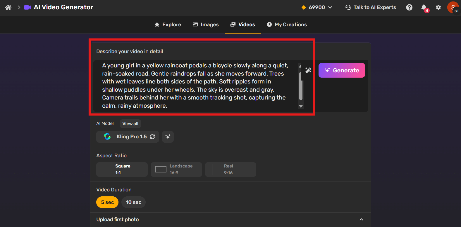 Add prompt on ai video generation tool