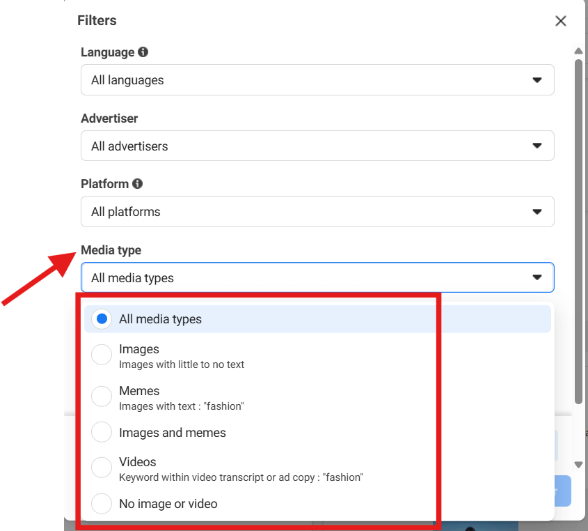 Filter by Media Type in meta ad library
