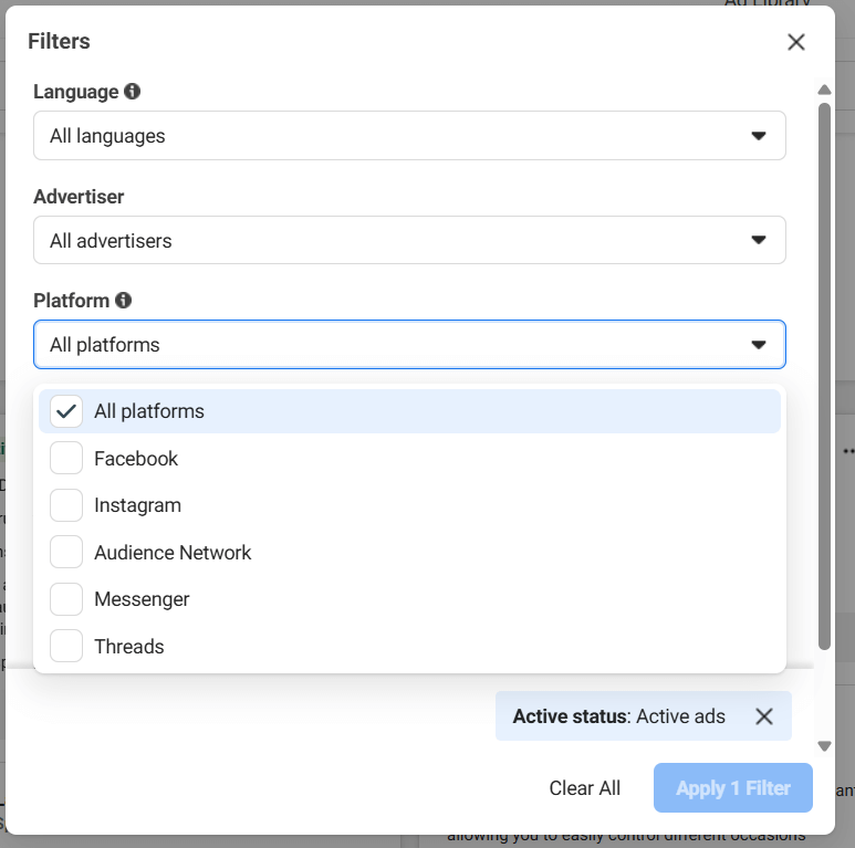 Filter by Platform in meta ad library