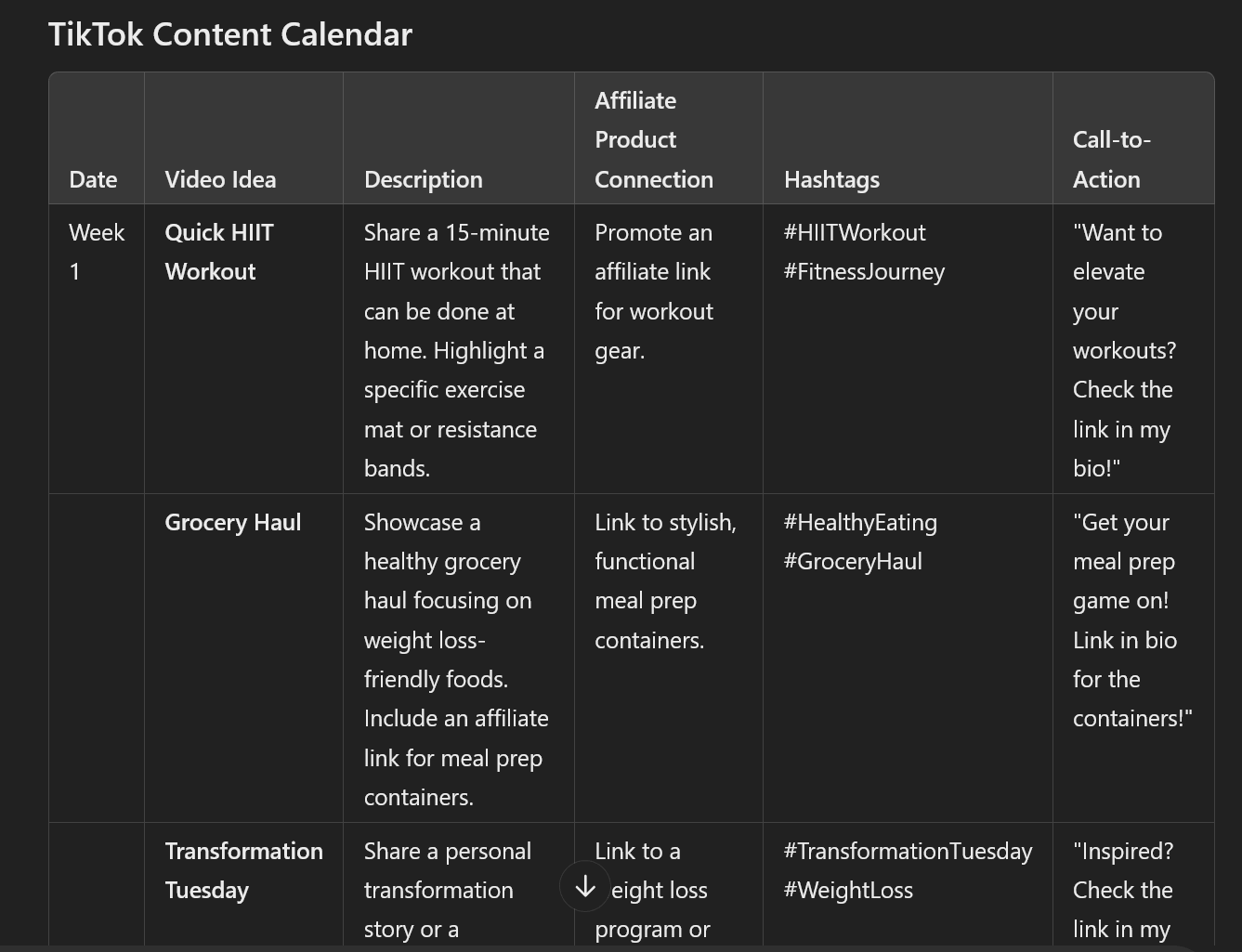 Generate a content calendar of TikTok video