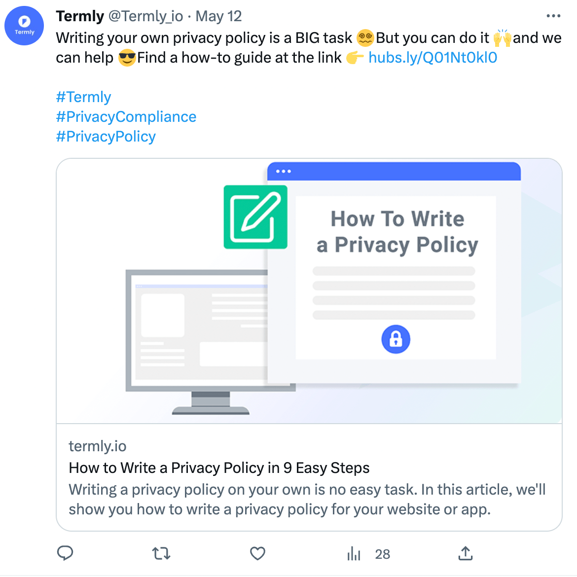 posts on Twitter about how to write a privacy policy