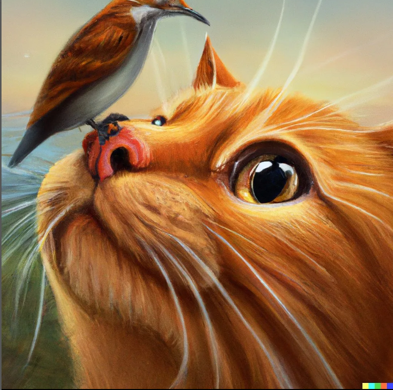 "A bird lands on the nose of an orange tabby cat, digital art"